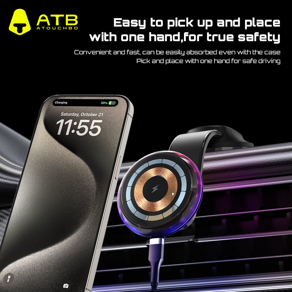 Car Mount Wireless Fast Charger 15W with LED Ambient Light Wireless Fast Charging Mobile Phone Holder